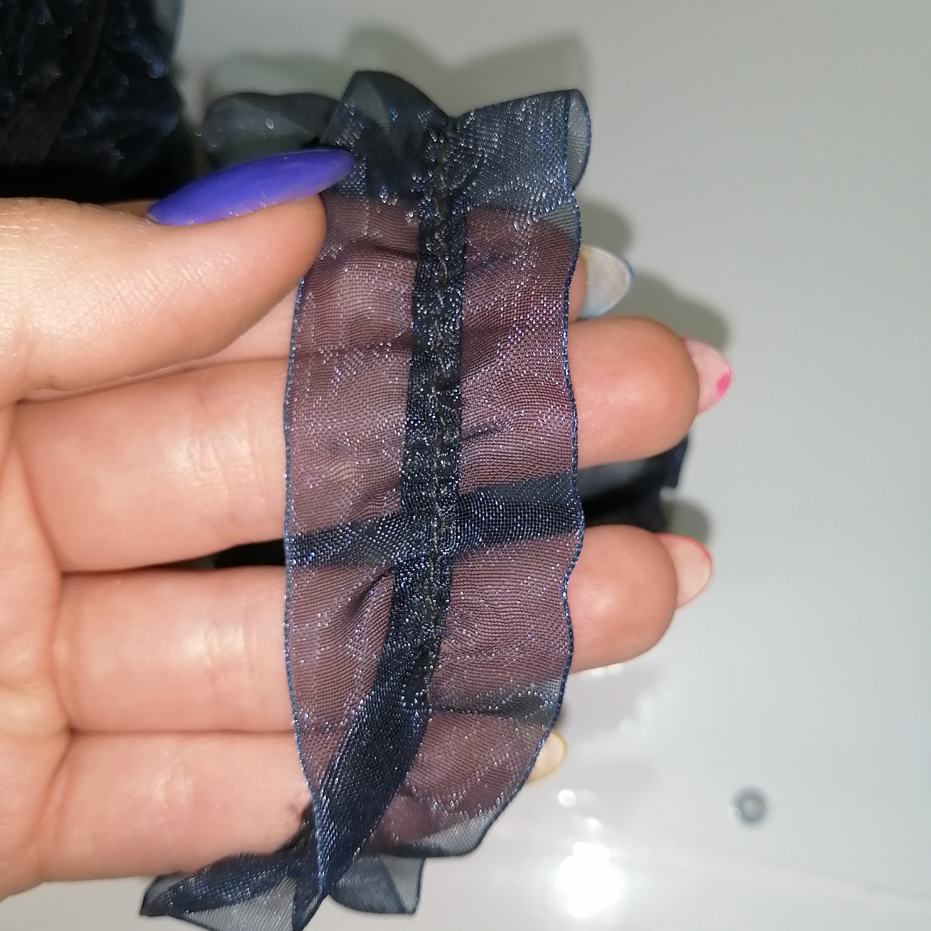 نوار یراق تزئینی لباس  توری سرمه ای  کش دار عرض سه و نیم و طول 1 متر 