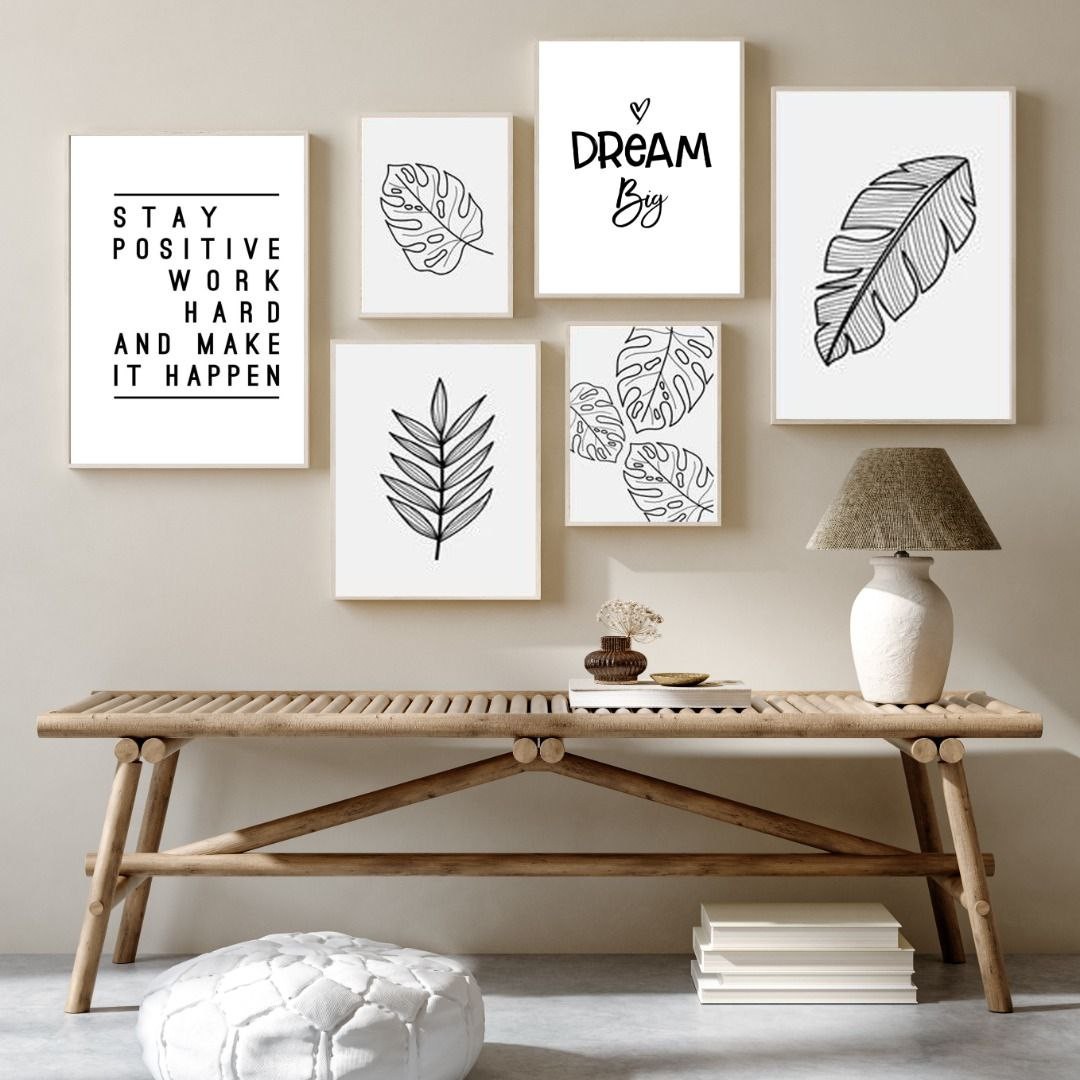 تابلو دکوراتیو تکست وبرگ مشکی با زمینه سفید شش تکه