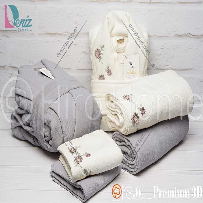 حوله ست دو نفره بلو گل برجسته رنگ شیری فیلی