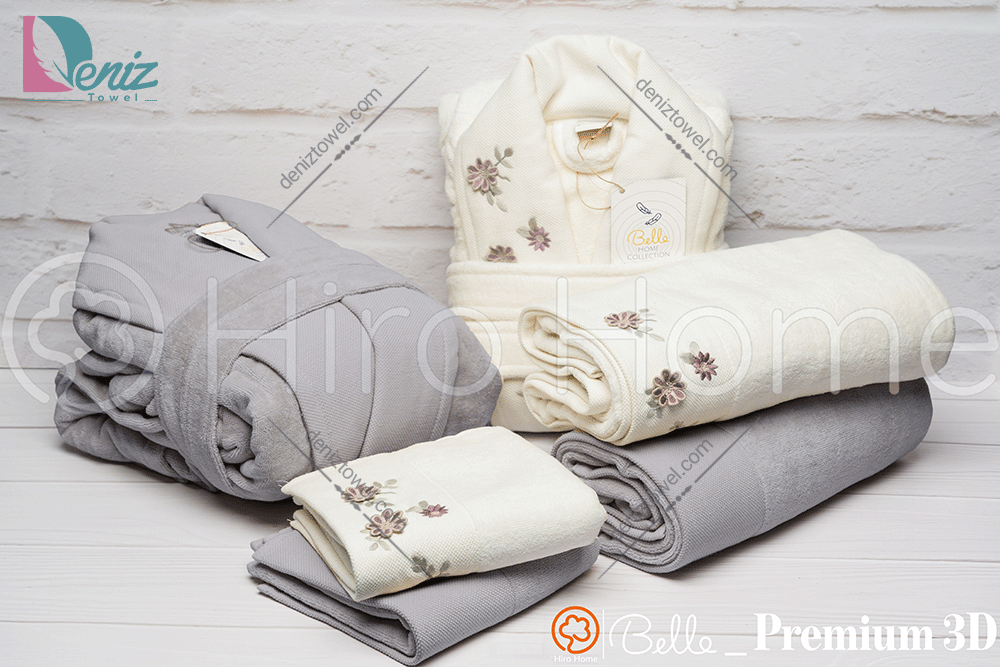 حوله ست دو نفره بلو گل برجسته رنگ شیری فیلی