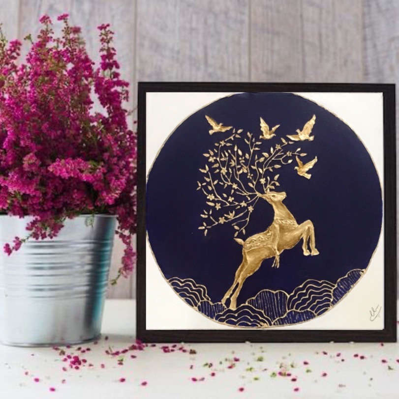 تابلو دستساز دکوراتیو برجسته طرح گوزن طلایی