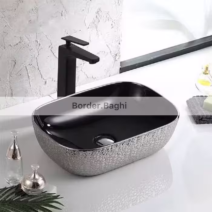 کاسه روشویی مدل پوست ماری نقره ای مشکی مستطیل لب گرد کوچک