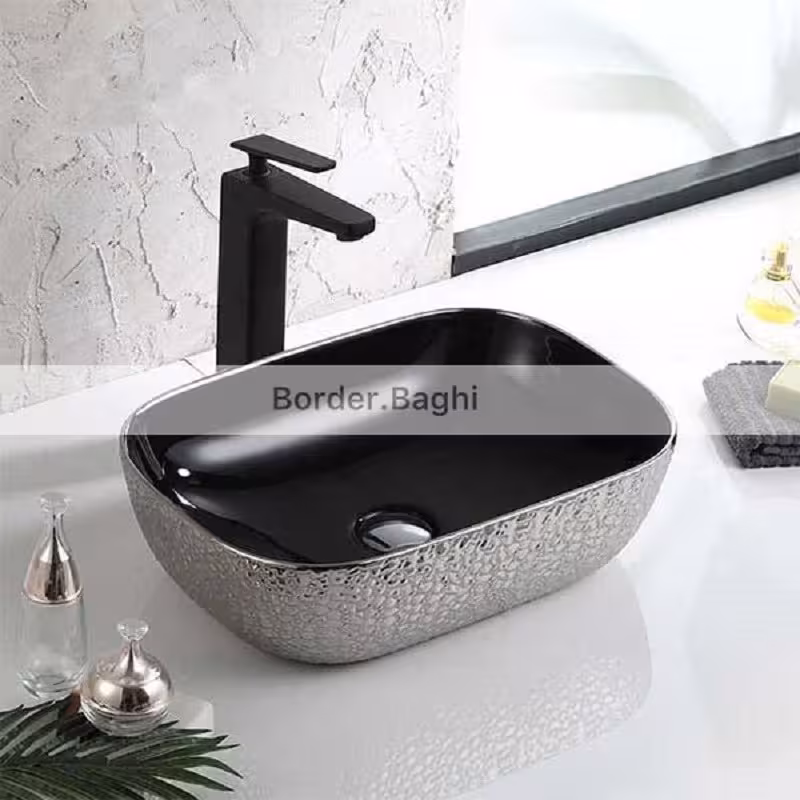 کاسه روشویی مدل پوست ماری نقره ای مشکی مستطیل لب گرد کوچک