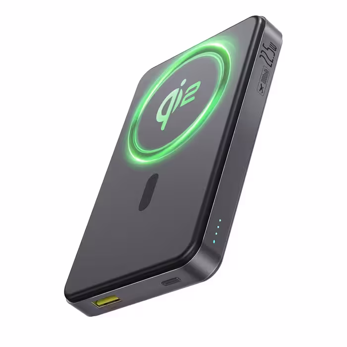 پاوربانک وایرلس مگنتی باسئوس مدل Airpow 2 Qi2 ظرفیت 10000 میلی آمپر ساعت توان 22.5 وات