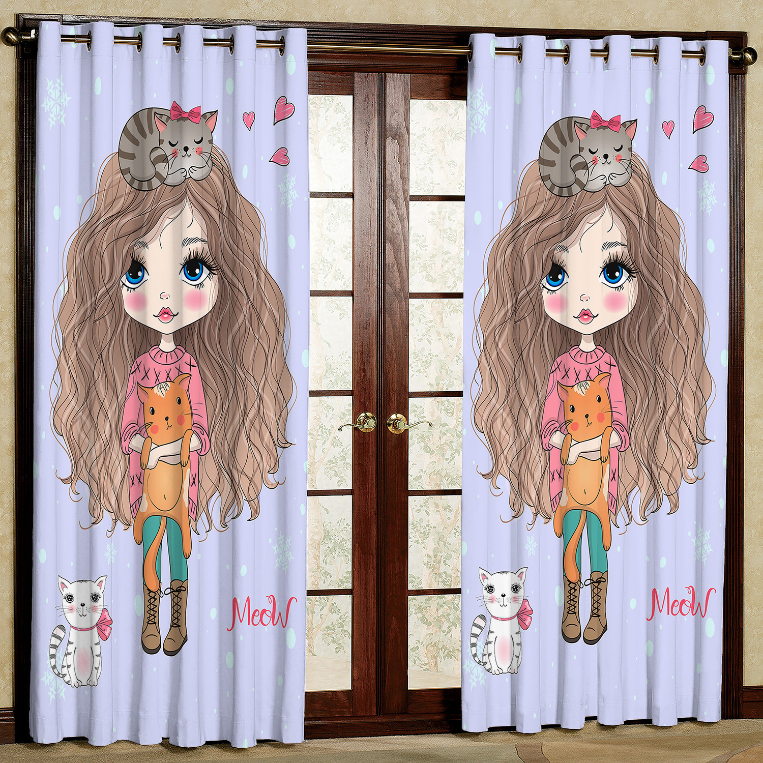 پرده مدل دختر و گربه مخمل پانچی کد 4820 سایز 140x200 سانتی متر