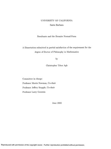 خرید و دانلود نسخه کامل کتاب Resultants and the Hermite Normal Form