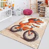 فرش چاپی اتاق کودک طرح دایناسور نارنجی با زمینه روشن HQ-3235