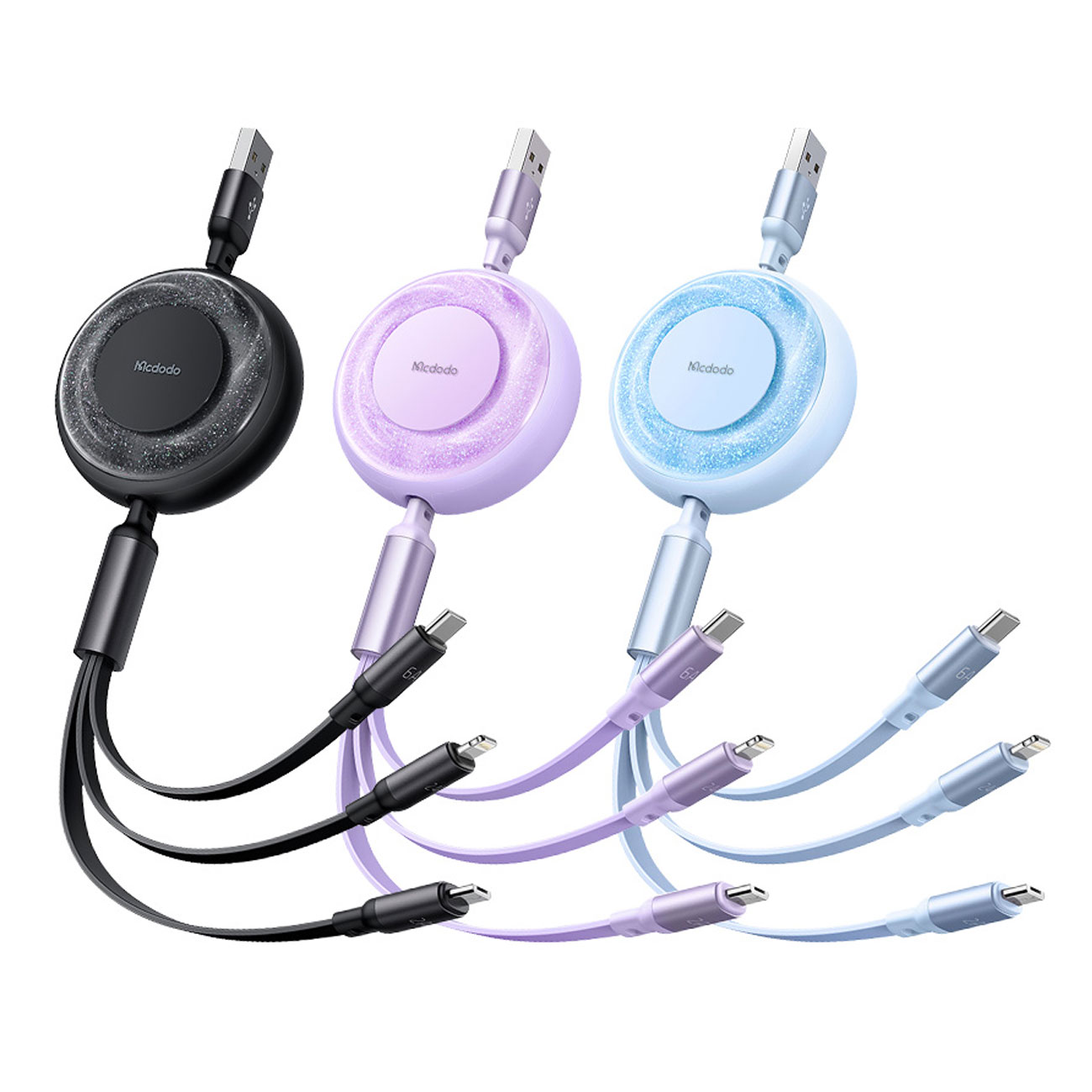 کابل فست شارژ آکواریومی چند کاره یو اس بی به لایتنینگ، تایپ سی و میکرو جمع شو 1.2 متری 6 آمپر مک دودو CA-3731