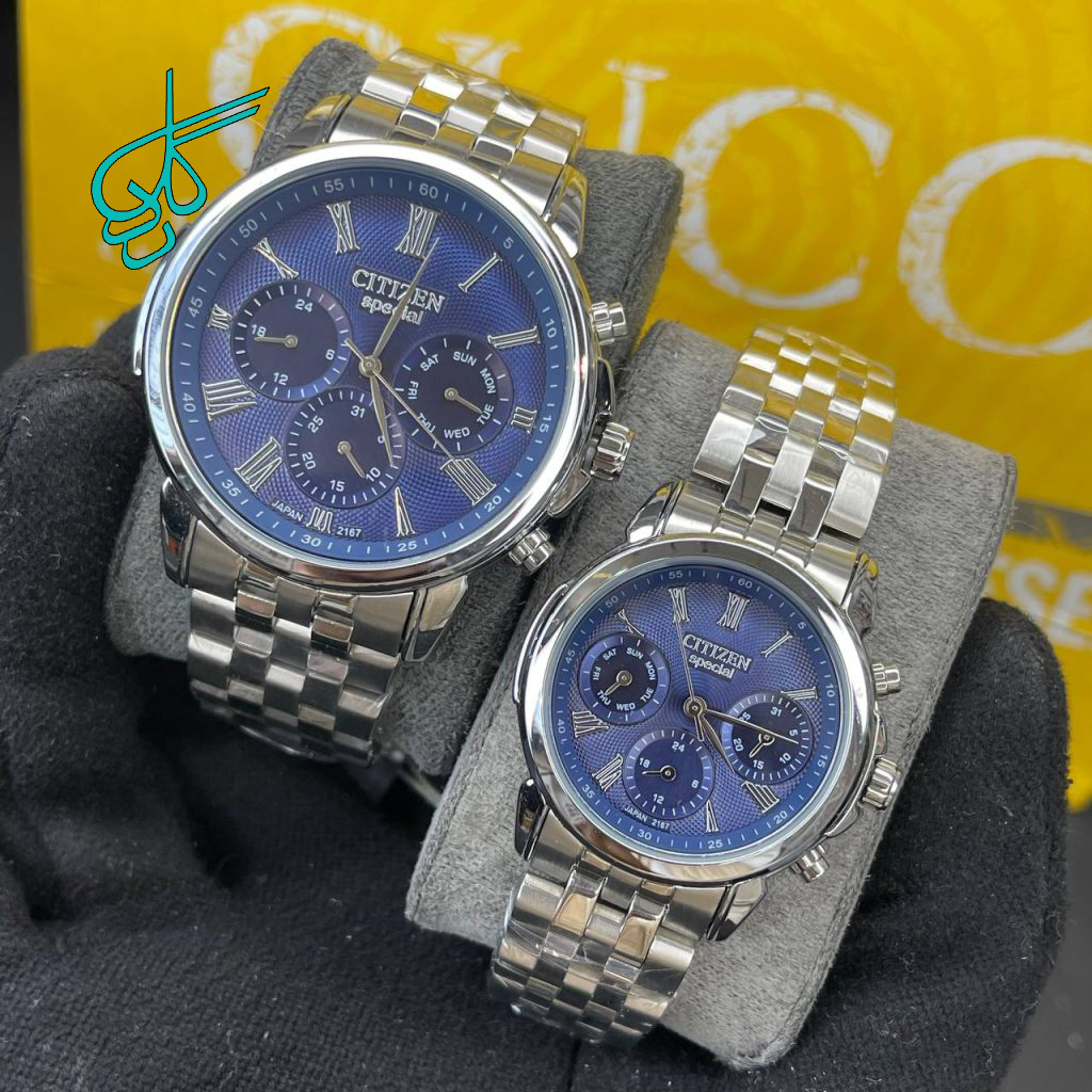 خرید ست ساعت زنانه و مردانه سیتیزن اسپشیال سه موتوره فعال کیفیت عالی ساخت ژاپن استیل رنگ ثابت کد 2116034 - ردگل