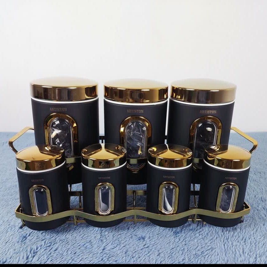 ست 8 پارچه ادویه و حبوبات آرتیستون مشکی درب طلا کد 85106 ارسال رایگان