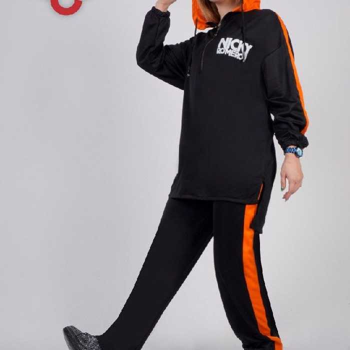 ست هودی و شلوار کرپ کش درجه یک  چاپ برجسته کنار  حاشیه  شلوار راسته هودی نیم زیپ