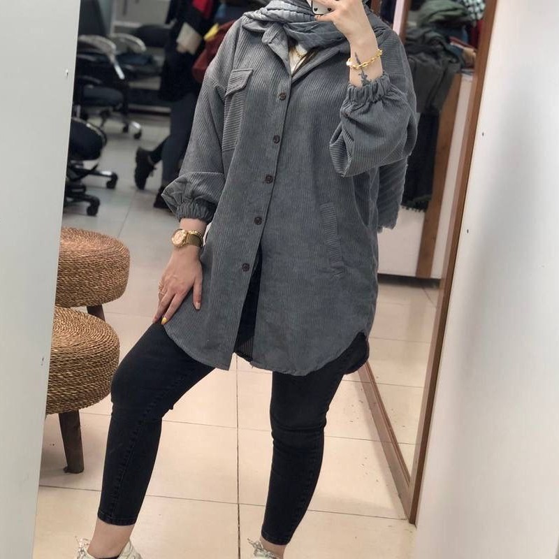 مانتو پاییزه مزونی زنانه جنس مخمل کبریتی درجه یک جلو دکمه لایی خورده و یقه مردانه