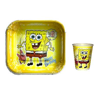 پیش دستی و لیوان یکبار مصرف مدل باب اسفنجی مجموعه 24 عددی