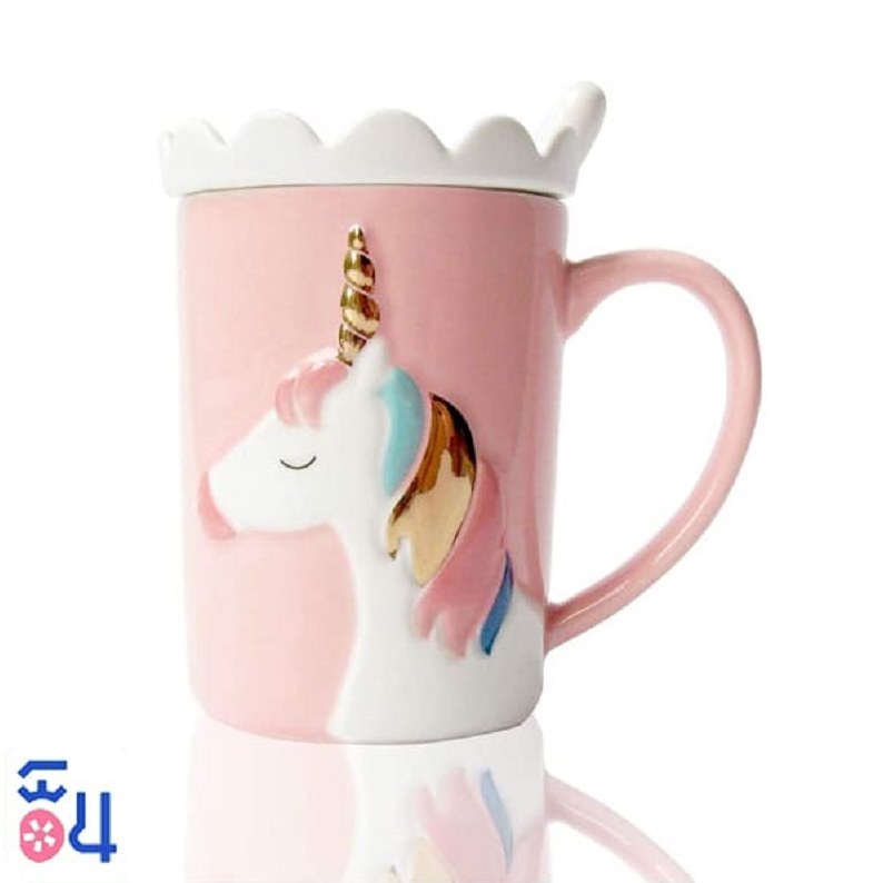 ماگ سرامیکی درب دار همراه با قاشق طرح یونیکورن