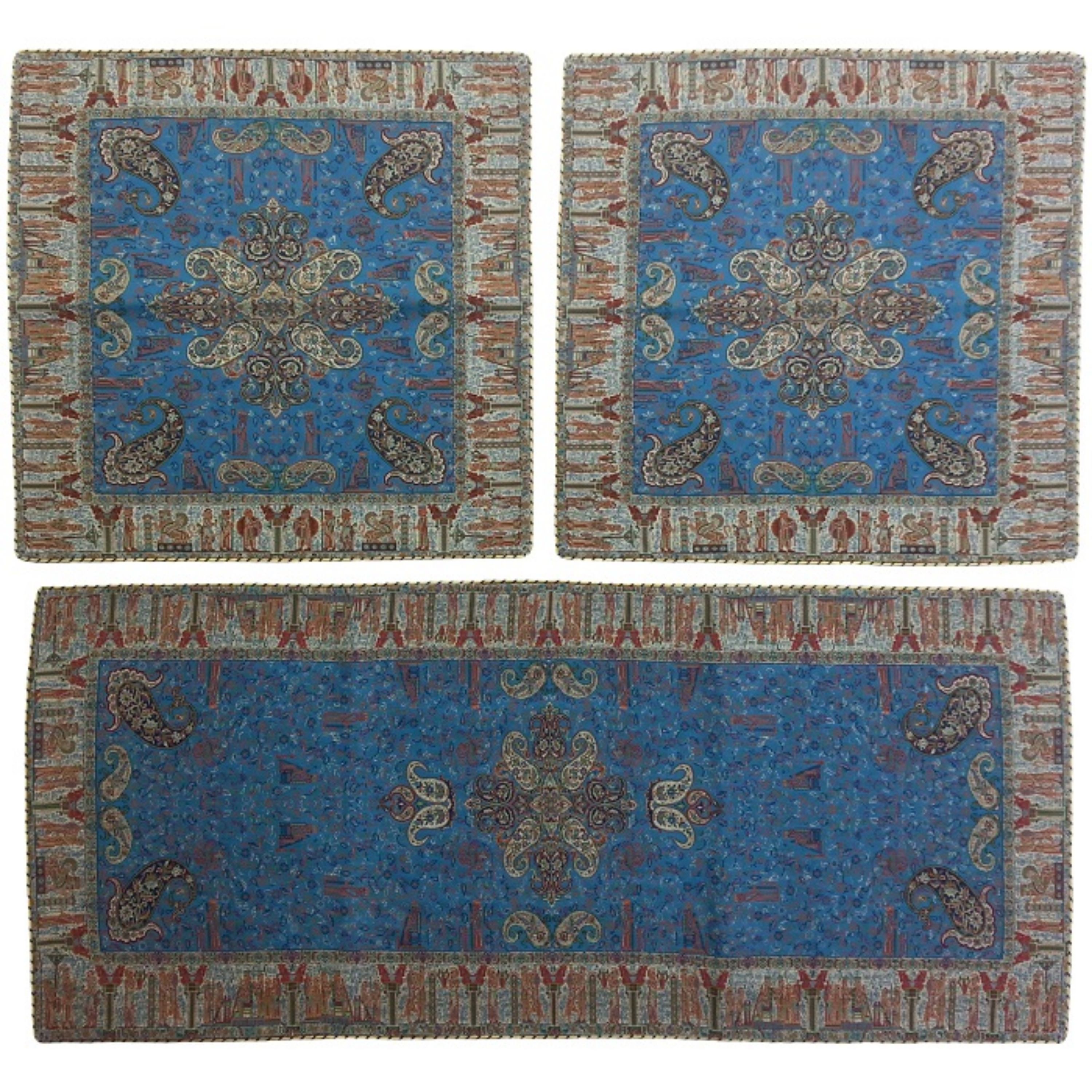 رومیزی سرویس ترمه ابریشم  کد TRSETE19  نفیس  رنگ آبی  آستر آبی