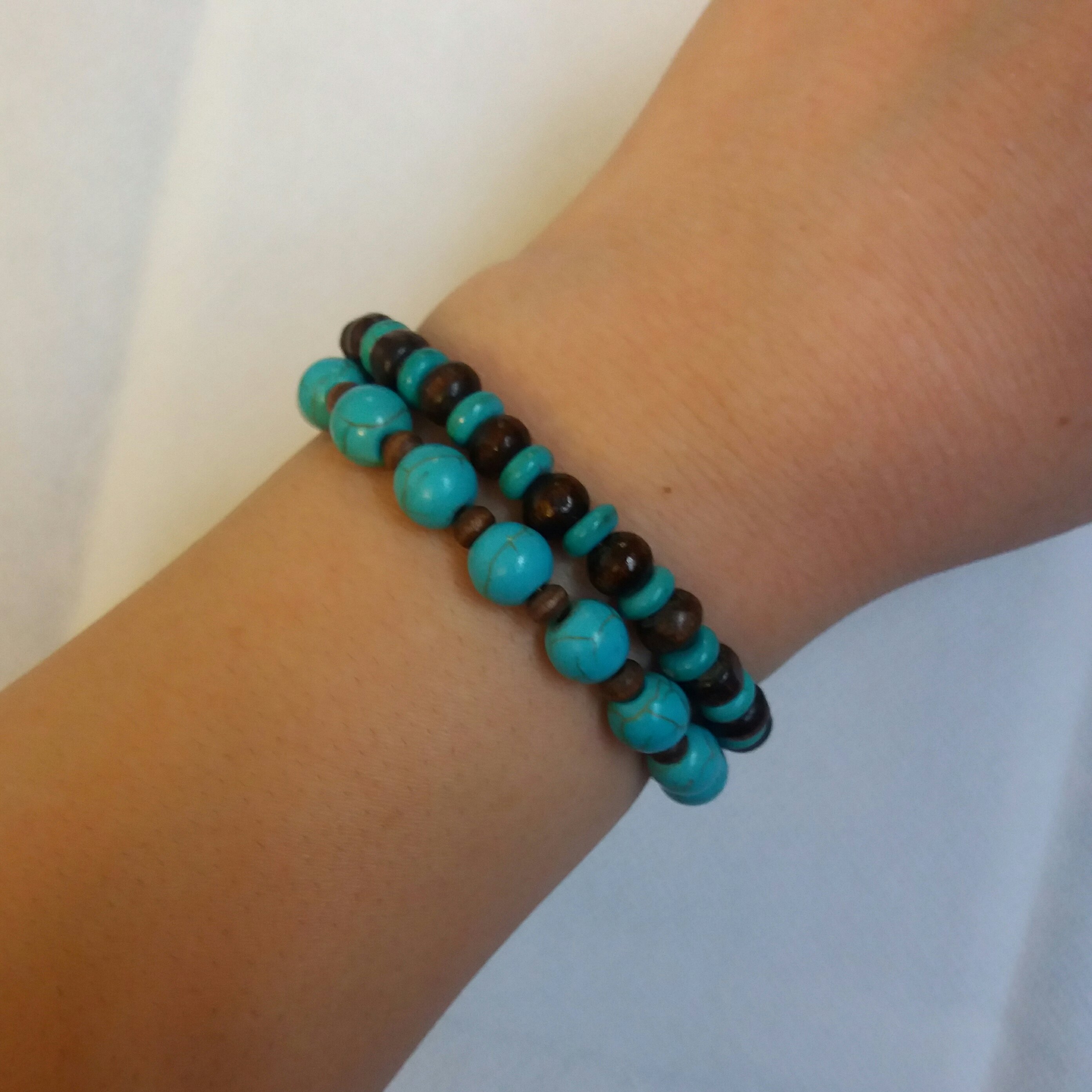 دستبند دوتایی چوب و سنگ فیروزه