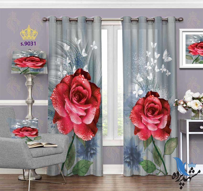 پرده پانچ طرح گل رز سه بعدی و پروانه کد s9031
