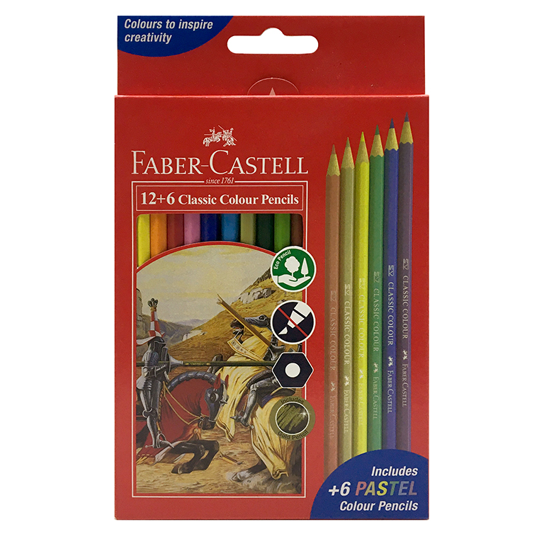 مداد رنگی 6+12 رنگ فابرکاستل Faber-Castell جعبه مقوایی مدل کلاسیک به همراه رنگ های پاستلی