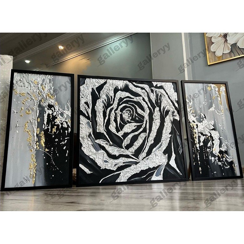 تابلو نقاشی سه تکه گل برجسته ورقطلا و ورق نقره  ابعاد 130 در 70