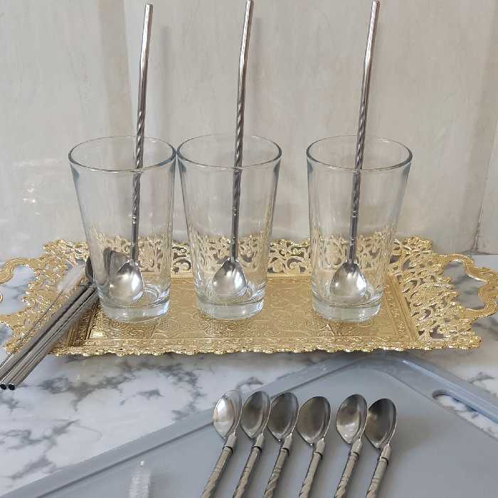 قاشق شربت خوری نی دار استیل طرح ساده نقره ای  بسته شش عددی همراه با فرچه(قاشق نی دار ) 