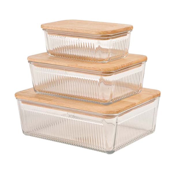 ست ظرف شیشه ای شیاردار درب چوبی لیمون