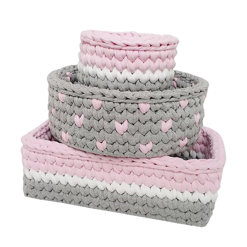 سبد قلاب بافی تریکو طرح سیسمونی مجموعه 3 عددی(سبد دستبافت نظم دهنده وسایل)