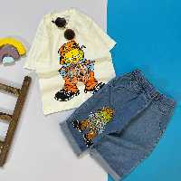 تیشرت و شلوارک لی اسپورت شیک و جذاب هم دخترونه هم پسرونه جنس لباس نخ پنبه لاکرا جنس شلوارک لی کاغذی کشی مناسب 3 تا 12 