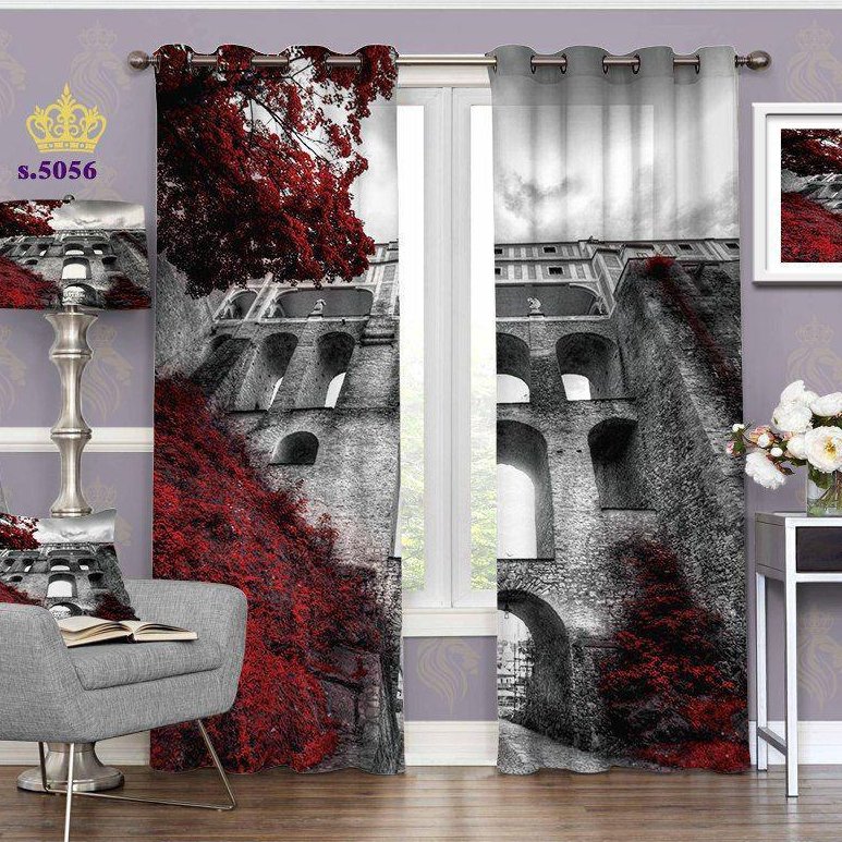 پرده پذیرایی دو قواره پانچ منظره طرح ساختمان قدیمی کد S5056