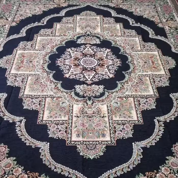 روفرشی مخمل زرکدار 6متری رنگ سرمه ای طرح حوض نقره مدل ستاره ای