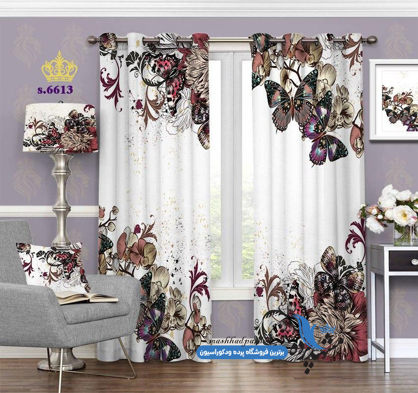 پرده پانچ طرح گل و پروانه ساده و روشن کد 6613-s