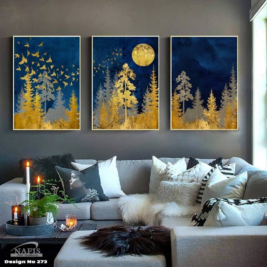 تابلو دکوراتیو سه تیکه طرح ماه و جنگل (طلایی)