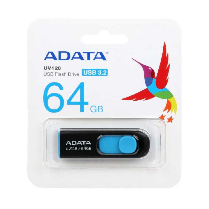 فلش 64 گیگ AData مشکی آبی مدل UV128 با گارانتی مادام العمر