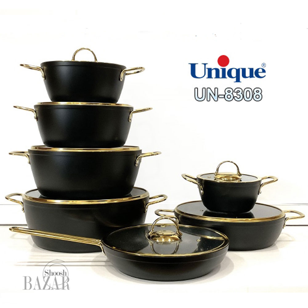 سرویس 14 پارچه بدنه مشکی درب فلت طلایی یونیک کد 8308