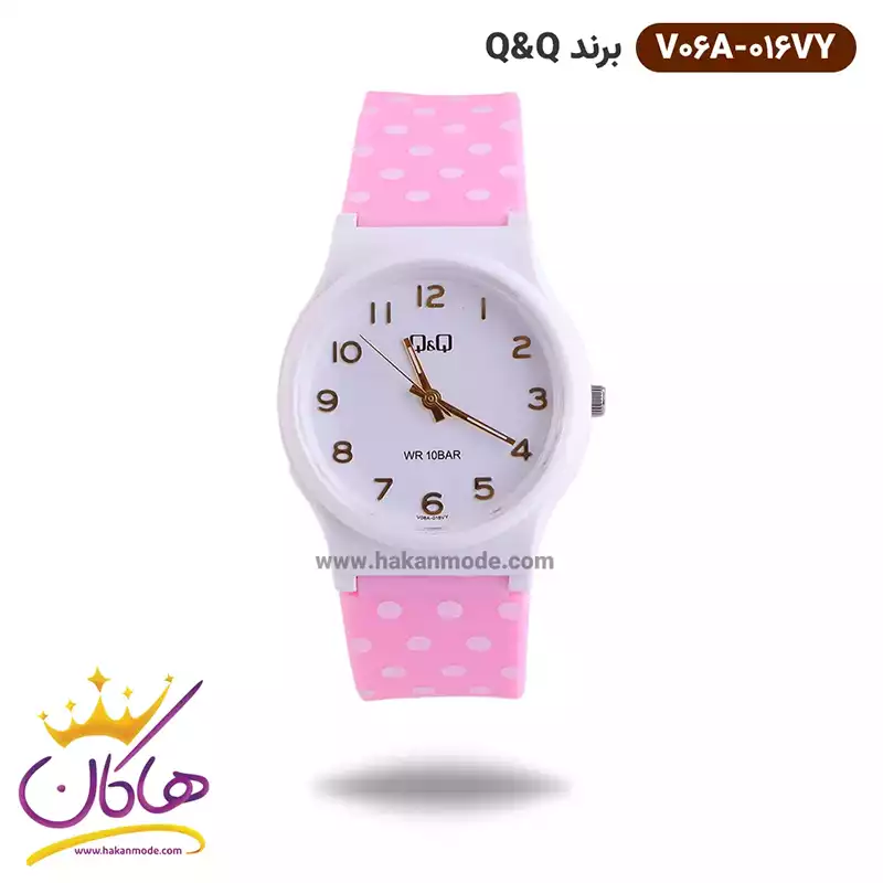 ساعت دخترانه کیو اند کیو بند صورتی خال خالیV06A/016VY