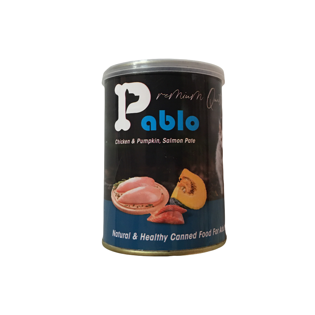 کنسرو غذای گربه پابلو مدل مرغ و ماهی سالمون و کدو تنبل وزن 400 گرم