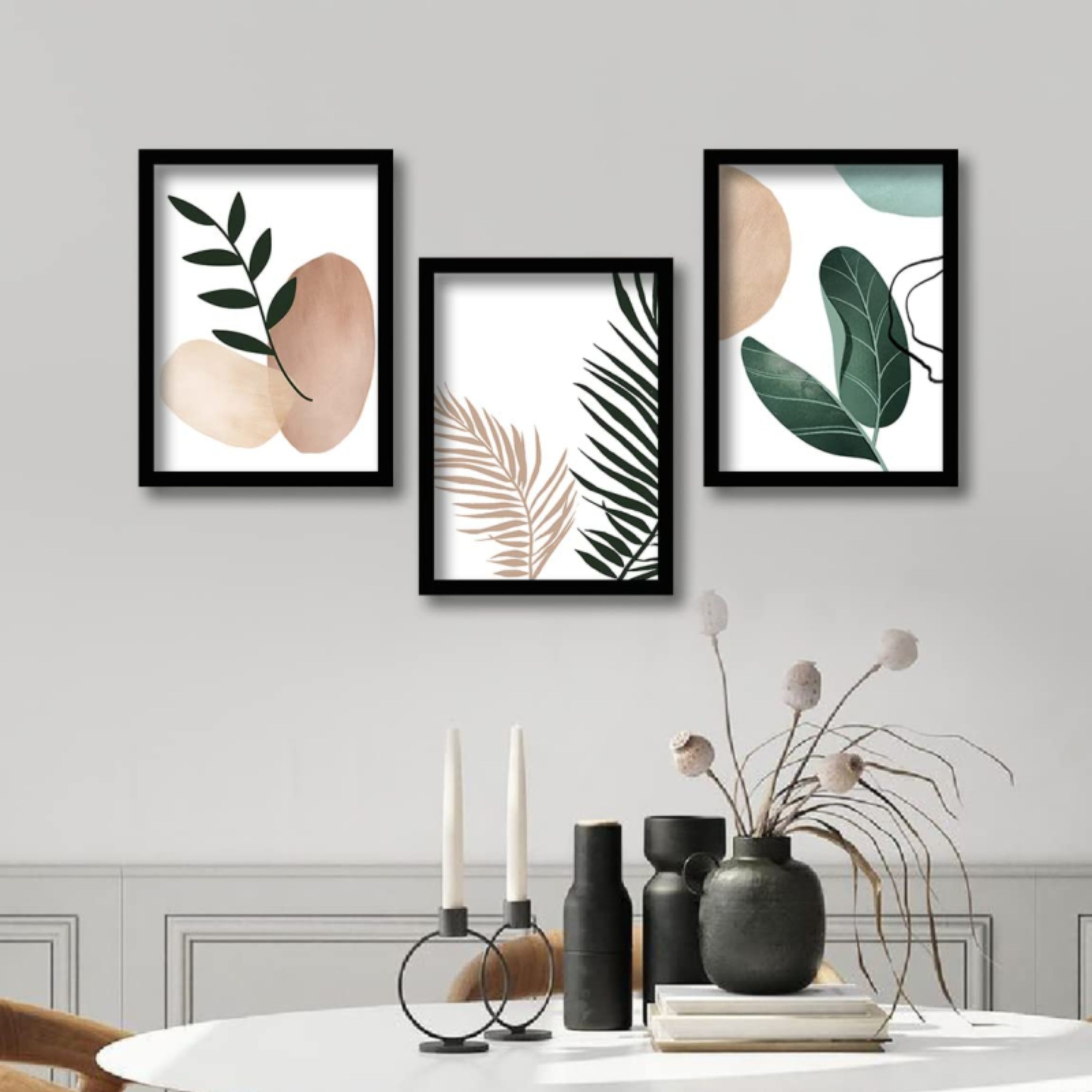 تابلو دکوراتیو مینیمال گل و برگ مجموعه 3 عددی سایز 50 در 70