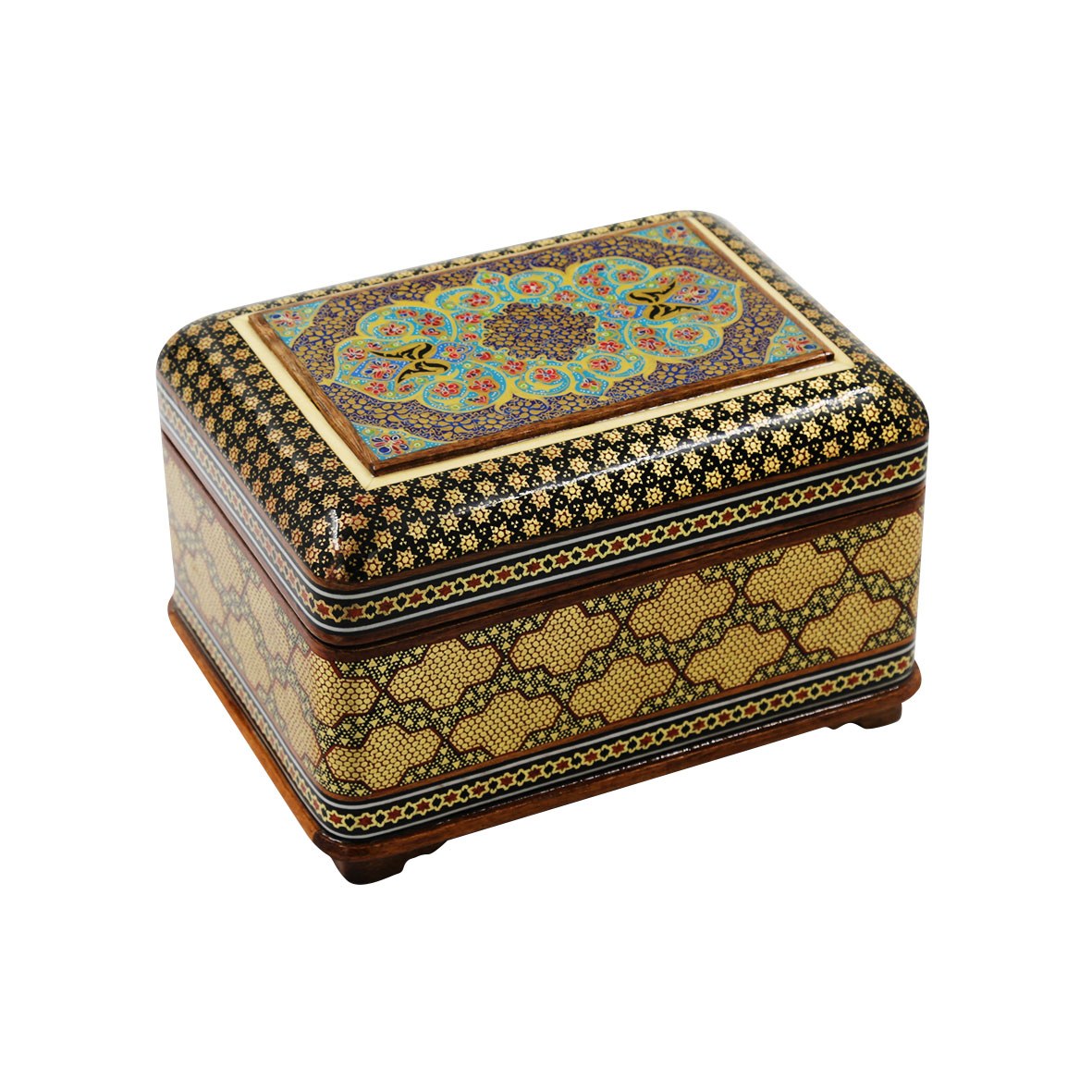 جعبه بزرگ خمره ای صلیبی رو اسلیمی چوب و خاتم