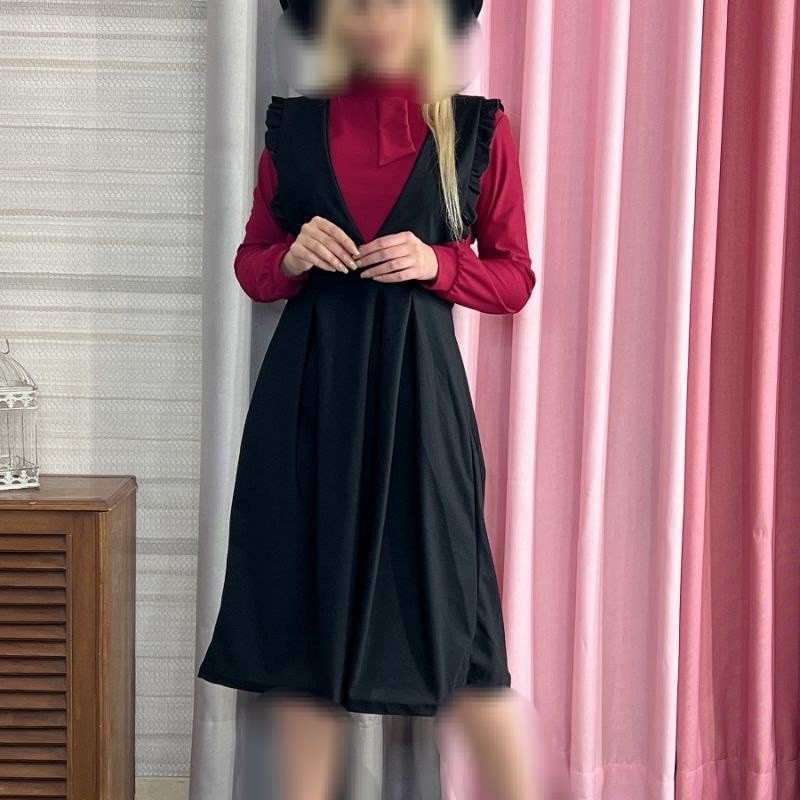تونیک دو تیکه شومیز و سارافون سرخابی جنس کرپ تیپ لاکرا درجه یک