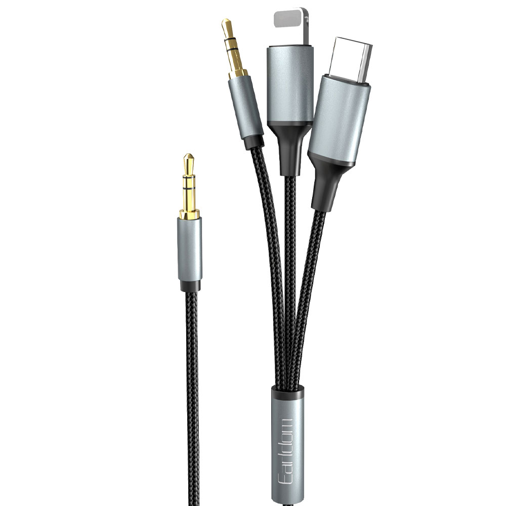 کابل 3 در 1 تایپ سی لایتنینگ و AUX ارلدام مدل AUX72 طول 1.2 متر