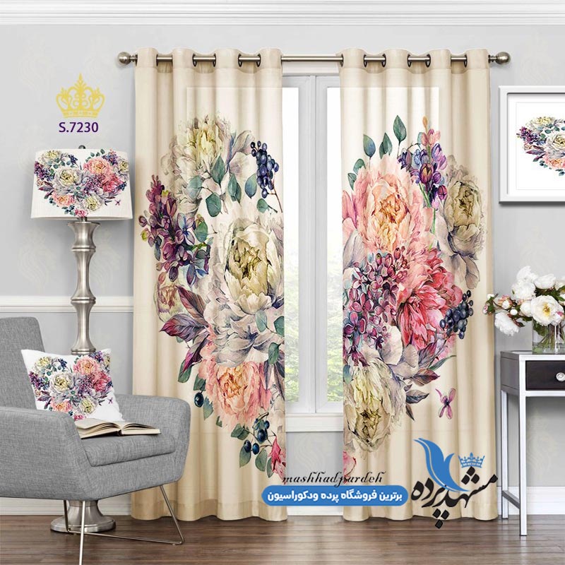 پرده پانچ گلدار طرح دسته گل قلبی کد s-7230