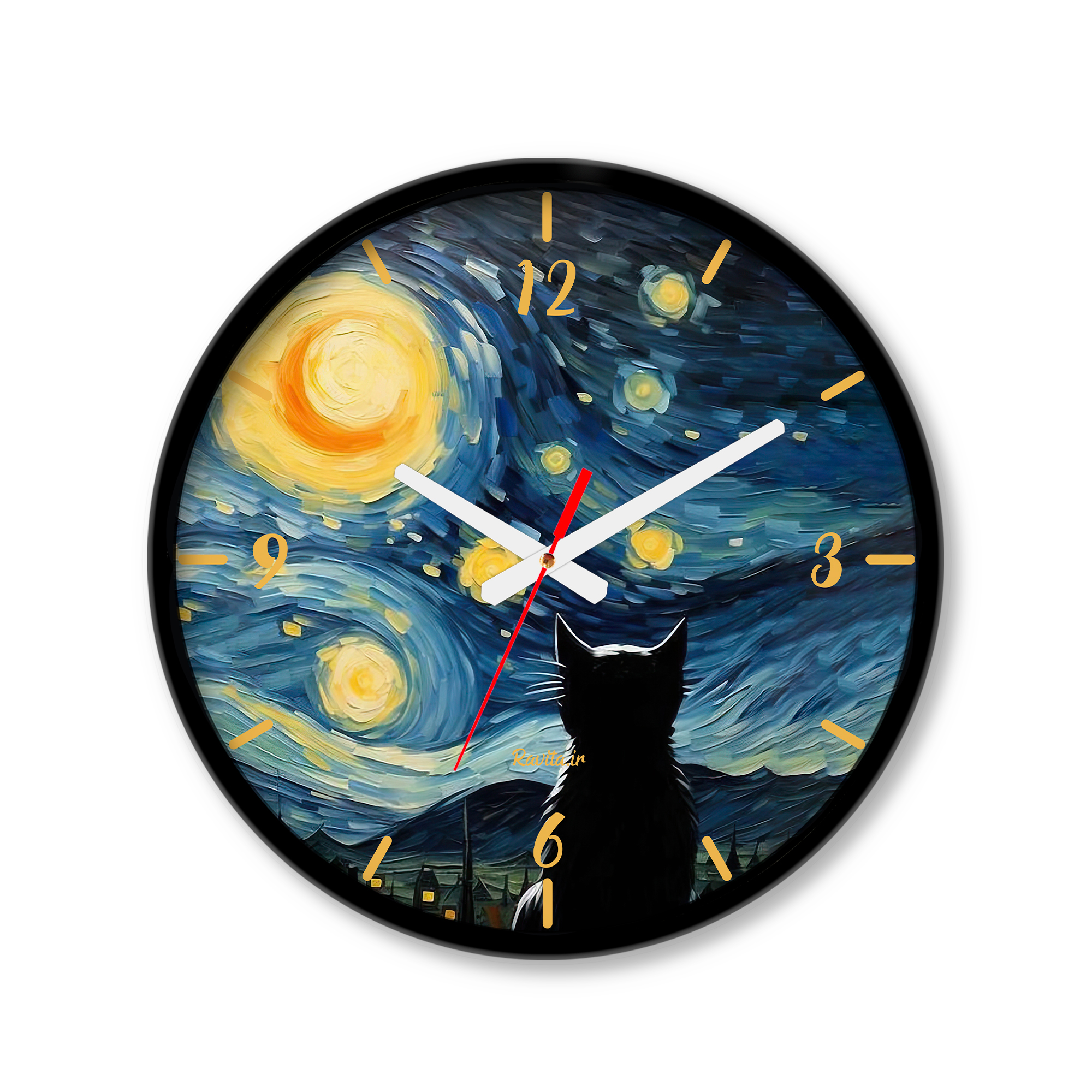 ساعت دیواری کوچک راویتا طرح نقاشی سبک ون گوک – گربه کد 3554