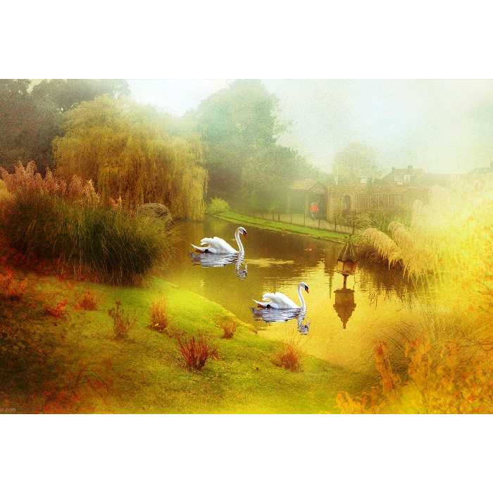 تابلو شاسی طرح نقاشی منظره روستا قو رودخانه مدل T1120