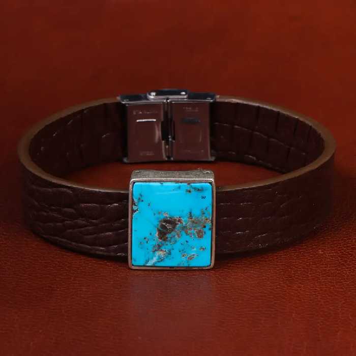 دستبند چرم فیروزه کد 22980 - جواهری مشاهیر
