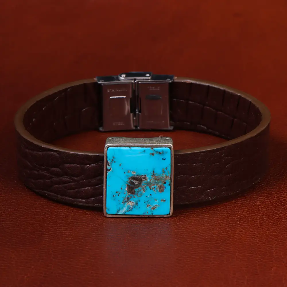 دستبند چرم فیروزه کد 22980 - جواهری مشاهیر