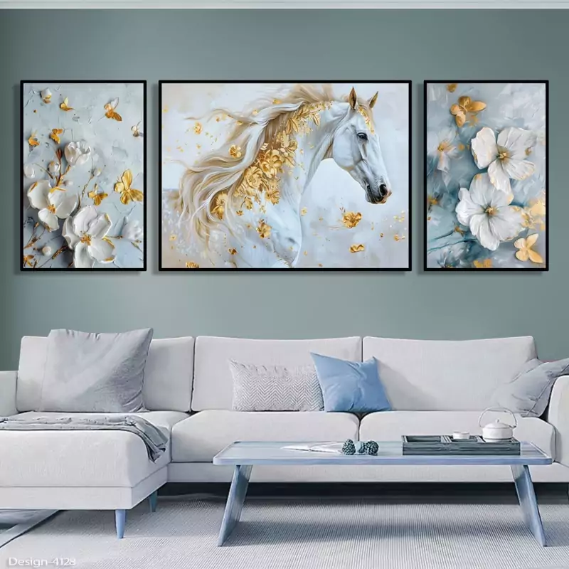 تابلو دکوراتیو   اسب  گرافیکی و گل های سفید سه تیکه نامنظم | دنیای قاب