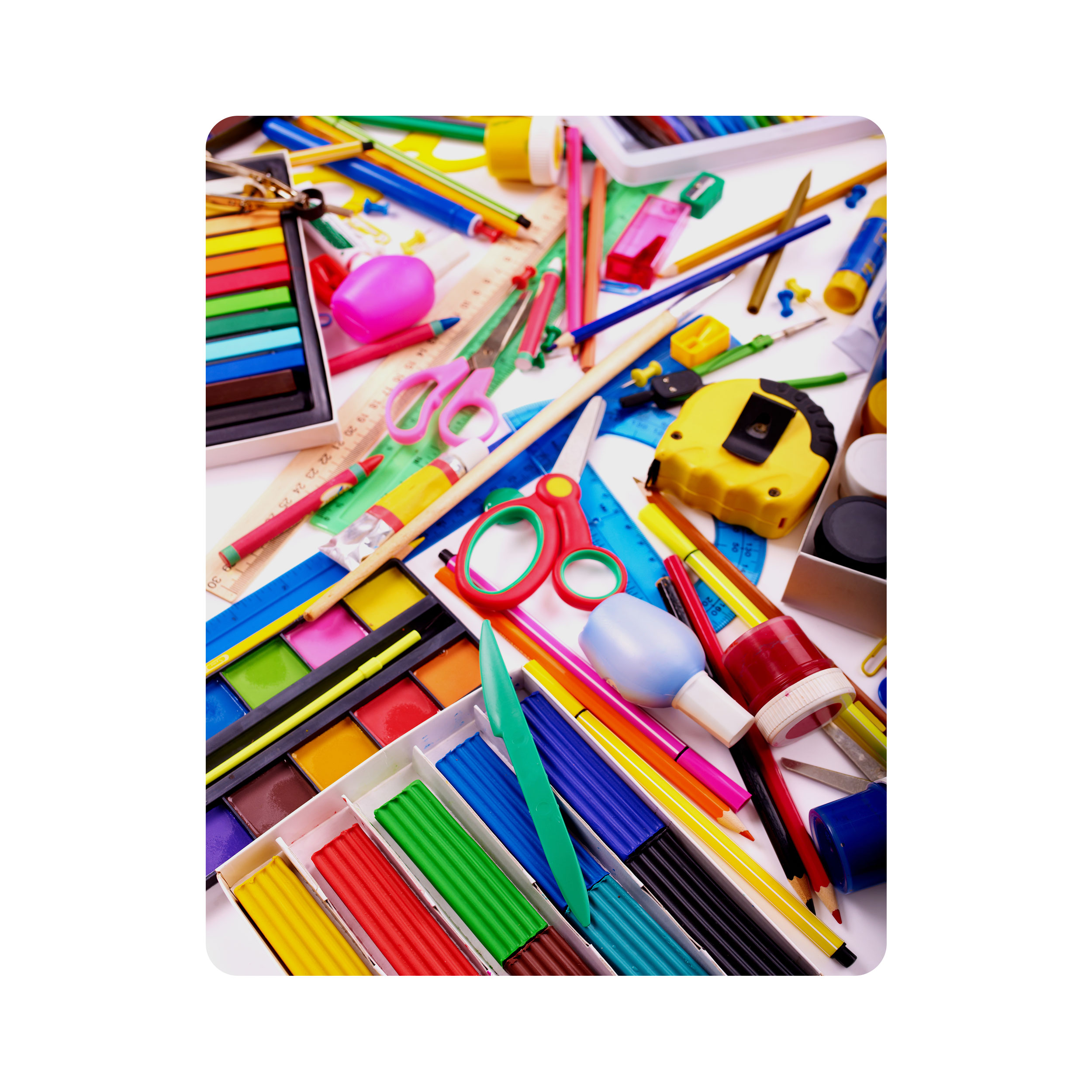 ماوس پد اطلس آبی طرح قیچی و مداد رنگی و خط کش و متر و تراش و پرگار و آبرنگ  مدل T6956