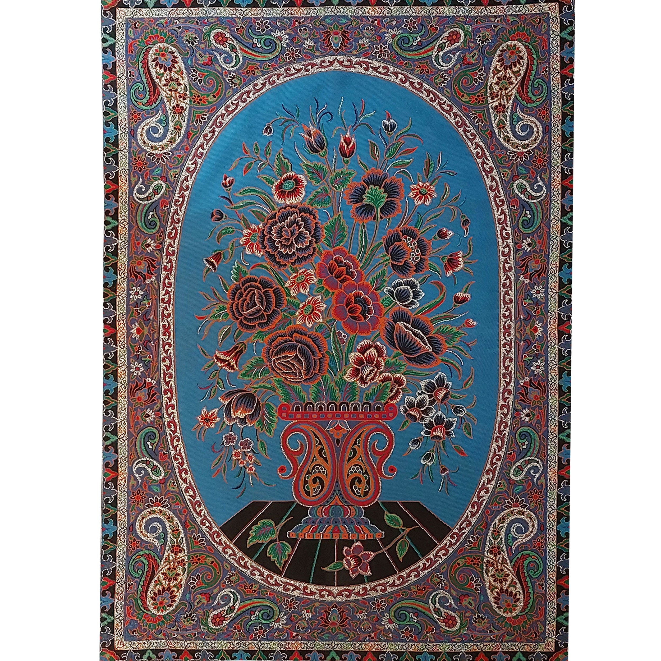 پارچه ترمه برای قاب گرفتن مدل گلدان رز - ترمه ابریشمی اعلا - رنگ های آبی و زرشکی و نارنجی - ابعاد 50 در 70