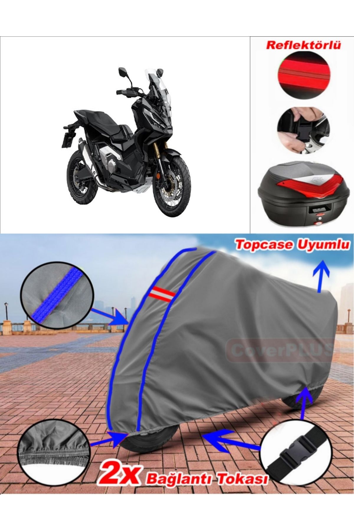 چادر موتورسیکلت خاکستری درز آبی رنگ X ADV کیسه عقب CoverPlus