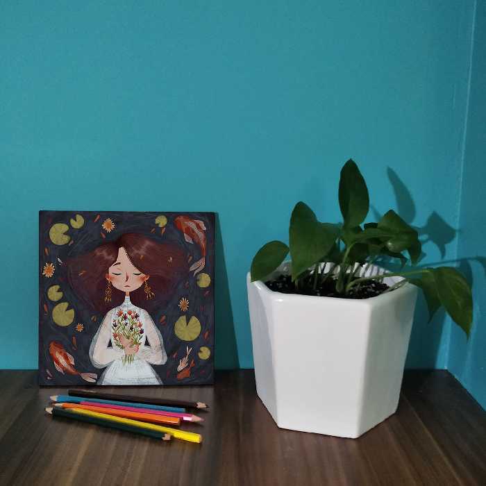 کاشی کارنیلا طرح عروس و مرداب و ماهی قرمز مدل لوحی کد WKB876 