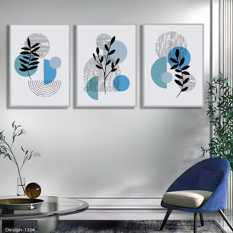 تابلو دکوراتیو گرافیکی مینیمال ابی سه تیکه منظم | دنیای قاب